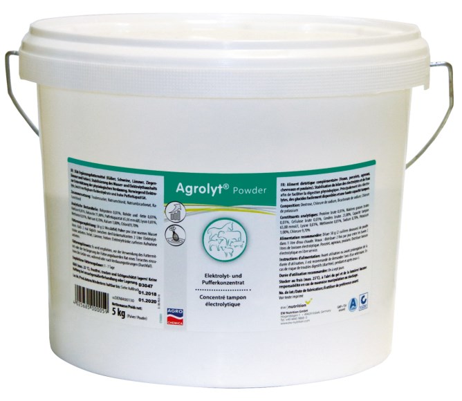 Der weiße 5 Kilogramm Eimer Agrolyt Powder mit Elektrolyt- und Pufferkonzentrat für Kälber, Schweine, Lämmer und Fohlen