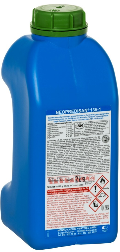 Die blaue 2 kg Flasche Neopredisan 135-1 von Menno