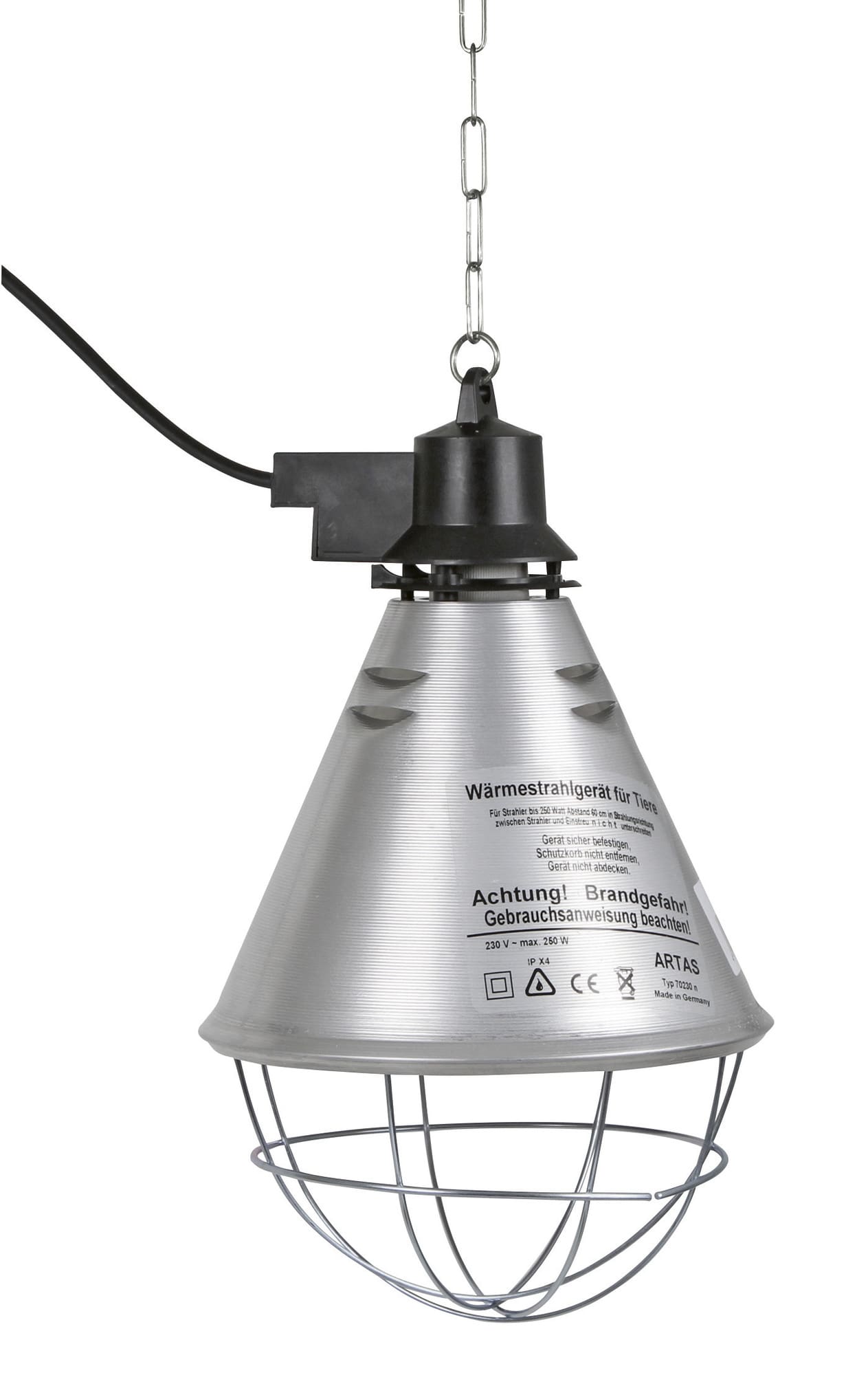 Das Kerbl Infrarot-Wärmestrahlgerät mit einem Alu-Lampenschirm, Schutzgitter, schwarzem Kabel und einer Kette