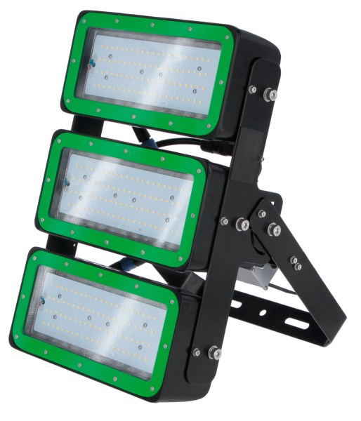 Die Kerbl LED-Leuchte MultiLED pro mit schwarzem Gestell und  3 Modulen mit grünem Rahmen